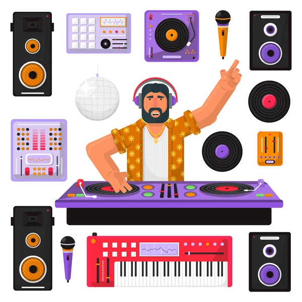 Jeune DJ hipster avec barbe et équipement mélangeant musique sur les platines. DJ jouant et mixant de la musique. DJ dans un casque mélangeant de la musique à une fête. Dj equipment.Vector illustration plate . — Image vectorielle