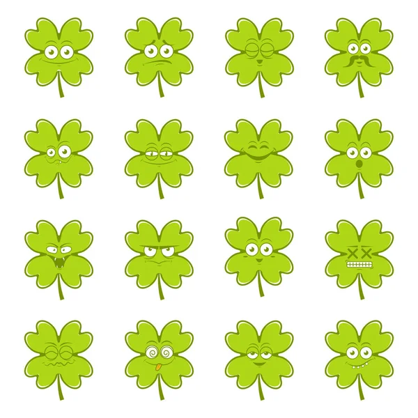 Zelený jetel štěstí irského řadu emocí, roztomilý šťastný obličej pro st. Patrika, vektorové ilustrace — Stockový vektor