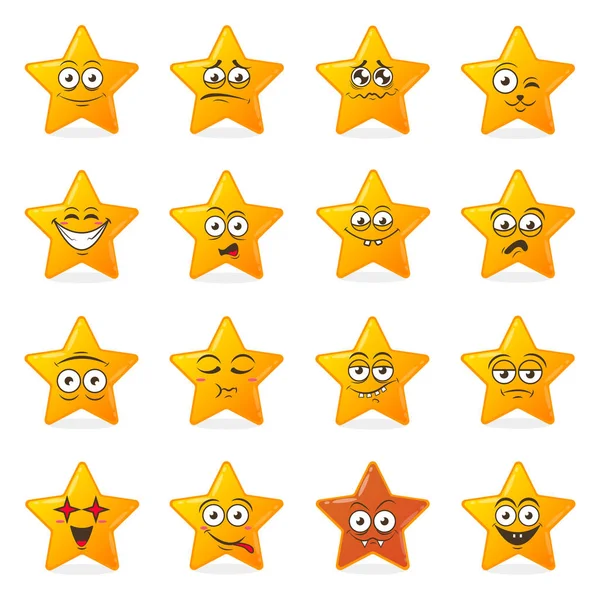 Amarillo estrellas conjunto de lindas emociones sonrientes felices, vector de ilustración — Archivo Imágenes Vectoriales