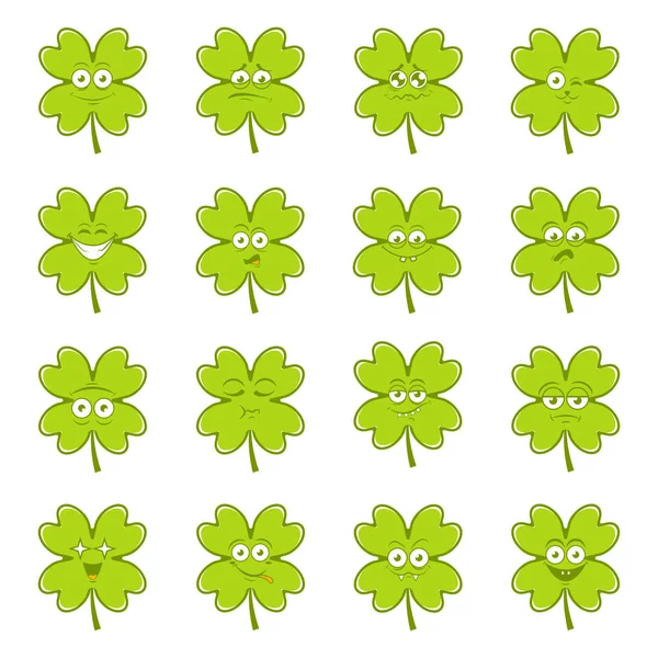 Grün Glück irischen Klee Satz von niedlichen glücklich Smiley Emotionen für St. Patricks Tag, Vektor-Illustration — Stockvektor