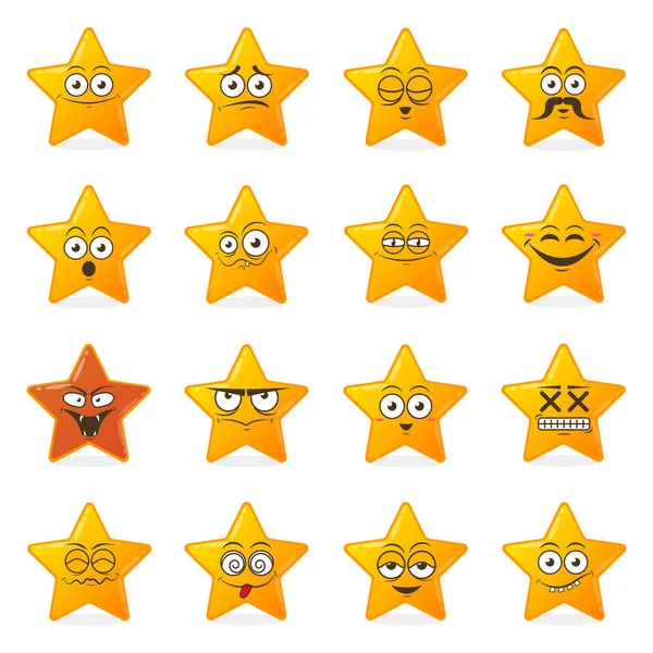 Set stelle gialle di simpatiche emozioni sorridenti felici, illustrazione vettoriale — Vettoriale Stock