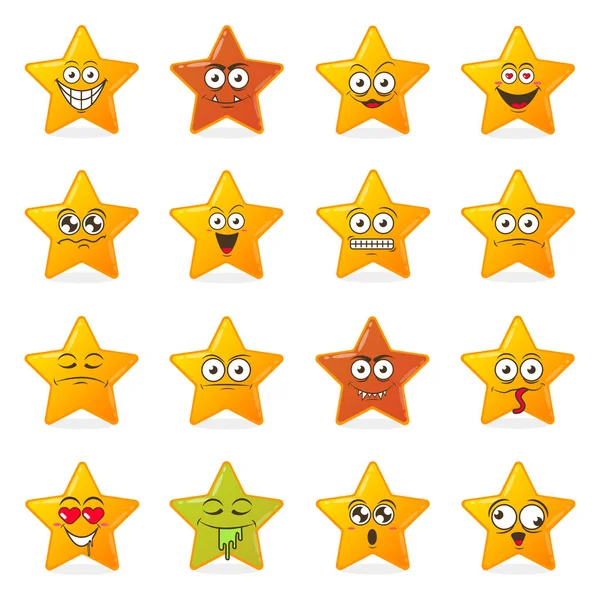 Amarillo estrellas conjunto de lindas emociones sonrientes felices, vector de ilustración — Archivo Imágenes Vectoriales