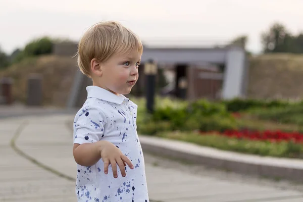 Ett porträtt av en nyfiken eller förvånad söt baby boy stayibg i parken vid sommardag. Känslor, grimas, överraskning, kid, småbarn, ansikte. — Stockfoto