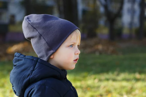 Мечтающий мальчик в шляпе. Осенняя съемка. Симпатичный портрет малыша. Копирование пространства — стоковое фото