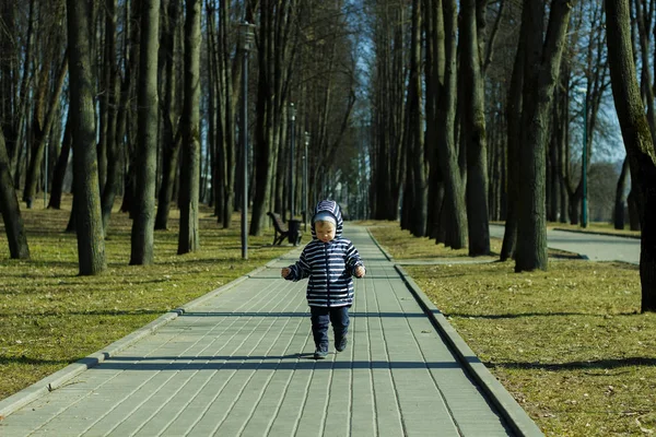 Годовой мальчик делает первые шаги на свежем воздухе в весеннем парке. Милый малыш, гуляющий по зеленому лесу осенью — стоковое фото