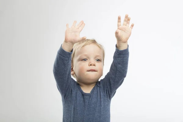 Little boy holding his hands up in the air. Studio shot — Stock Photo, Image