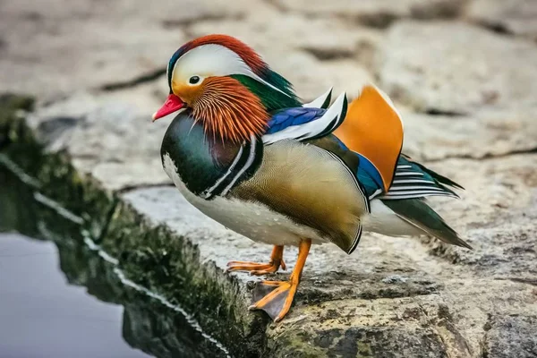 Wet, colorful, blue, orange, white, red, orange, black and brown mandarin male duck standing on the edge of riverbank made of stone, grey water, blurry background