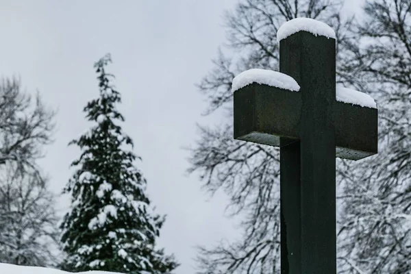 Vinterscen Kristen Stenig Kors Kyrkogård Och Träd Bakgrunden Täckt Med — Stockfoto