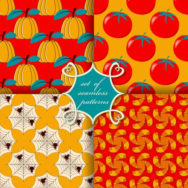 Set van naadloze vectorillustraties met symbolen van de herfst. Pompoen, tomaat, spinnenweb. — Stockvector