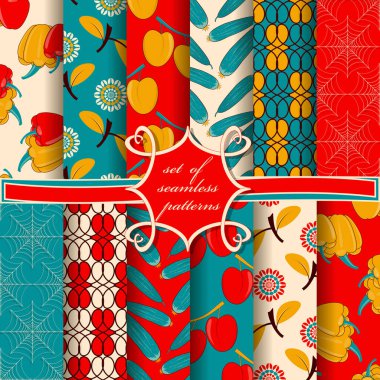 Kümesiyle sorunsuz vektör çizimler sonbaharın sembolleri. Salatalık, biber, Erik, örümcek ağı, yaprakları