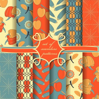 Kümesiyle sorunsuz vektör çizimler sonbaharın sembolleri. Salatalık, biber, Erik, örümcek ağı, yaprakları