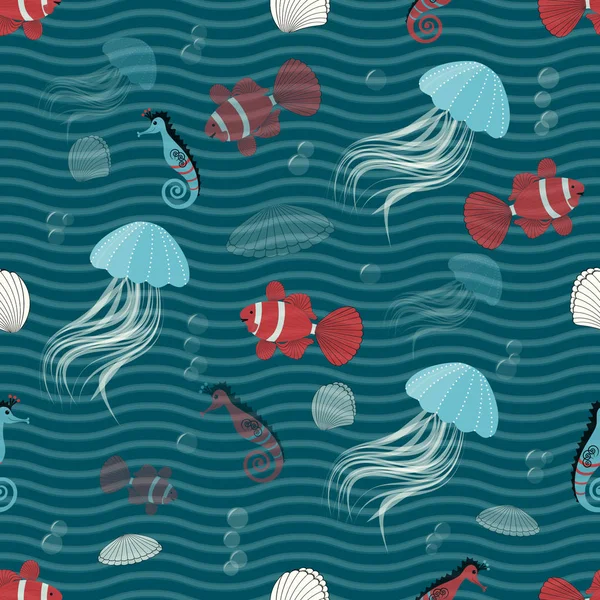 Fond de vecteur marin sans couture avec des animaux marins — Image vectorielle