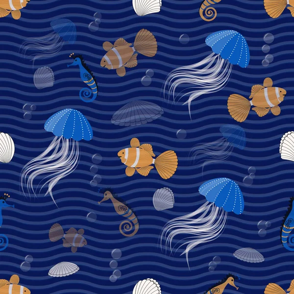海の動物とシームレスな海のベクトルの背景 — ストックベクタ