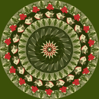 Vektör Noel simgeleri ile dairesel desen. Noel çilek, bullfinches, desenleri