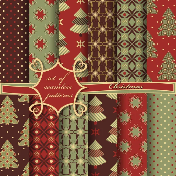 Zusammenstellung Nahtloser Weihnachtsillustrationen Abstraktes Vektorpapier Mit Weihnachtlichen Symbolen Und Elementen — Stockvektor