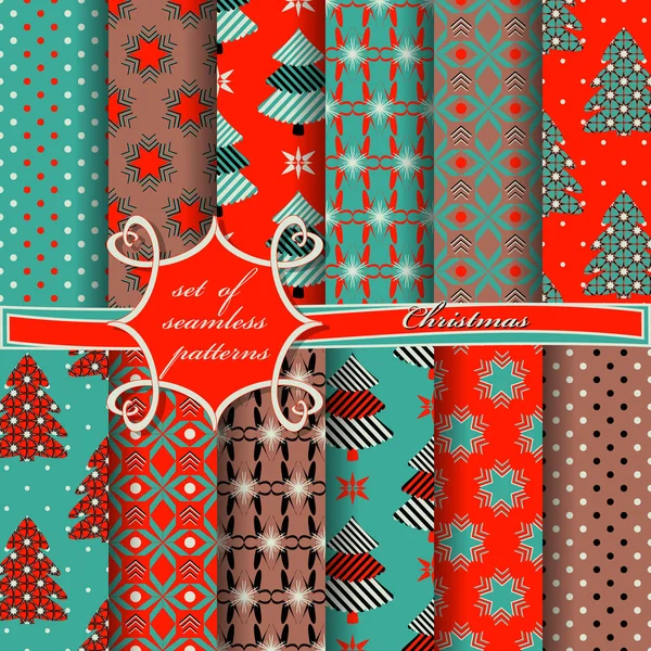 Zusammenstellung Nahtloser Weihnachtsillustrationen Abstraktes Vektorpapier Mit Weihnachtlichen Symbolen Und Elementen — Stockvektor