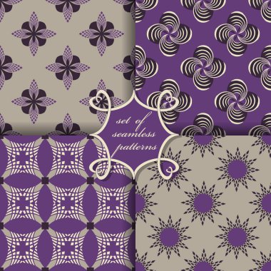 Dört Dikişsiz desen vektör seti. Dekoratif şeritli çiçekler, şekil. Duvar kağıtları, dolgu görüntüler, web sayfası, arka plan, yüzey için kullanılabilir