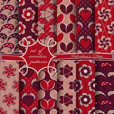 Sevgililer günü kesintisiz vektör çizimleri kümesi. Kalp, soyut şekiller, dekoratif çiçek, tasarım öğeleri için karalama defteri