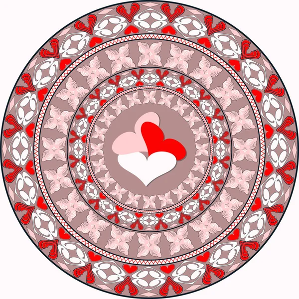 Vector Circular Pattern Valentine Day Mandala Hearts Decorative Shapes — Stock Vector