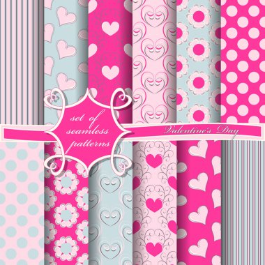 Sevgililer günün kutlu olsun. Sorunsuz vektör çizim kümesi. Dekoratif soyut kalpler, dekoratif çiçek