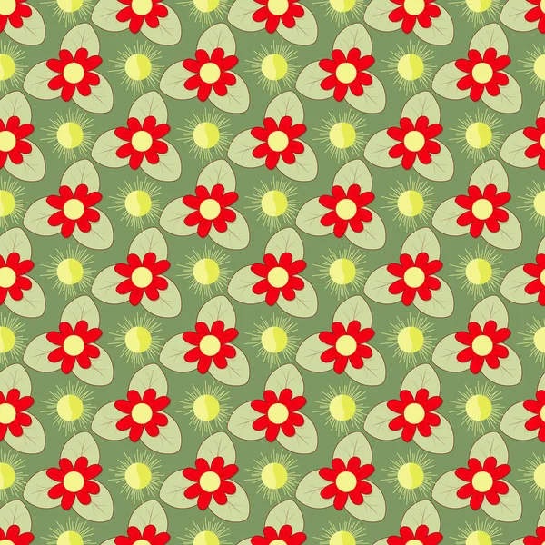 Sömlös vektor illustration bakgrund med abstrakt sol och dekorativa blommor — Stock vektor