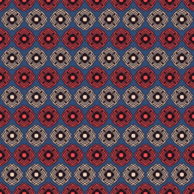 Çok renkli geometrik çizgili çiçeklerin simetrik deseni. Dikişsiz vektör arka plan çizimi.