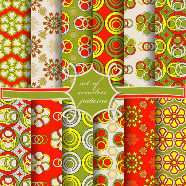 Desenler çok renkli halkalar, dekoratif çiçekler, dekorasyon için tasarım elemanları. Dikişsiz vektör illüstrasyonları seti.