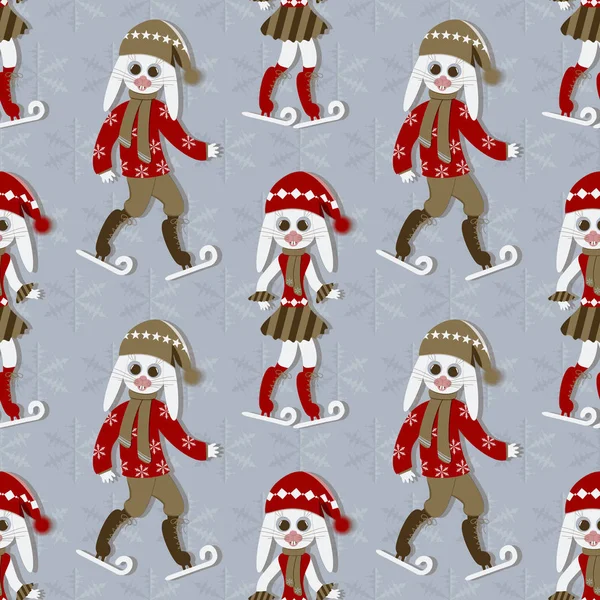 Мультяшні Зайці Ковзанах Безшовні Різдвяні Векторні Ілюстрації — стоковий вектор