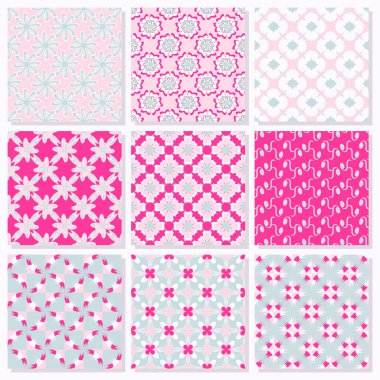 Soyut geometrik şekilleri, dekoratif çiçekleri ve dekorasyon için tasarım elemanlarını içeren pürüzsüz vektör kağıdı seti