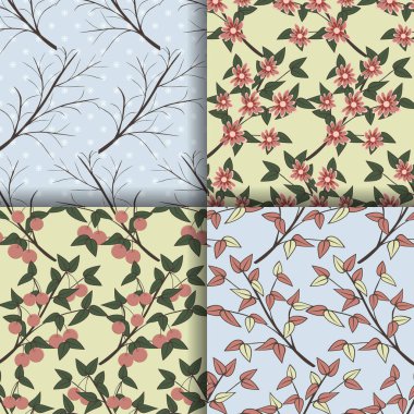 Dört mevsim. Kış, bahar, yaz, sonbahar. Kusursuz vektör çizimleri kümesi