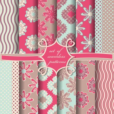 Soyut geometrik şekilleri, dekoratif çiçekleri ve dekorasyon için tasarım elemanlarını içeren pürüzsüz vektör kağıdı seti