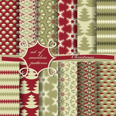 Noel ağaçları, kar taneleri, desenler. Kusursuz Noel çizimleri seti. Noel sembolleri ve Noel tasarım unsurları içeren vektör kağıdı