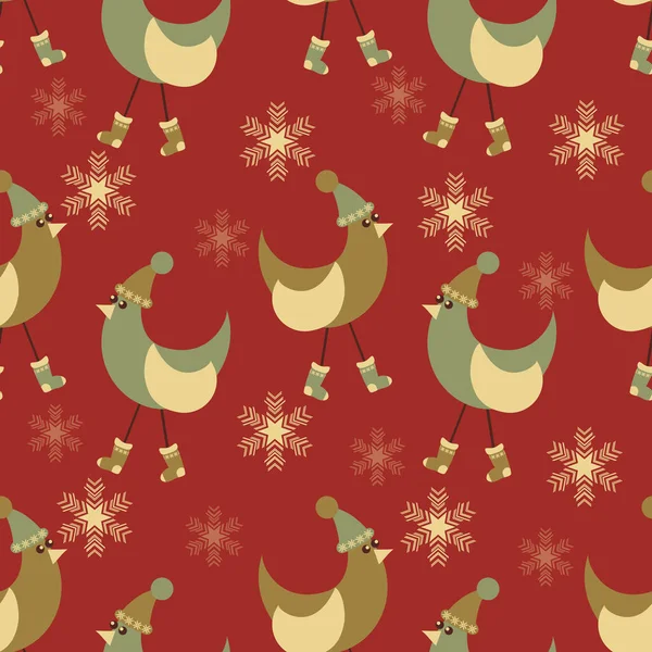 Карикатурные Рождественские Птицы Рождественских Шляпах Сапогах Снежинки Бесшовная Рождественская Векторная — стоковый вектор