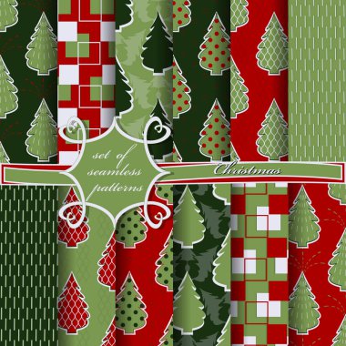 Kusursuz Noel çizimleri seti. Noel ağaçları, semboller ve Noel tasarımının unsurları içeren soyut vektör kağıdı