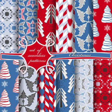 Kusursuz Noel çizimleri seti. Noel ağaçları, semboller ve Noel tasarımının unsurları içeren soyut vektör kağıdı