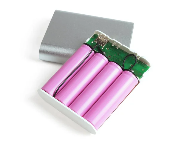 Open Power Bank Exposing Internal Batteries White Background — Stock Photo, Image