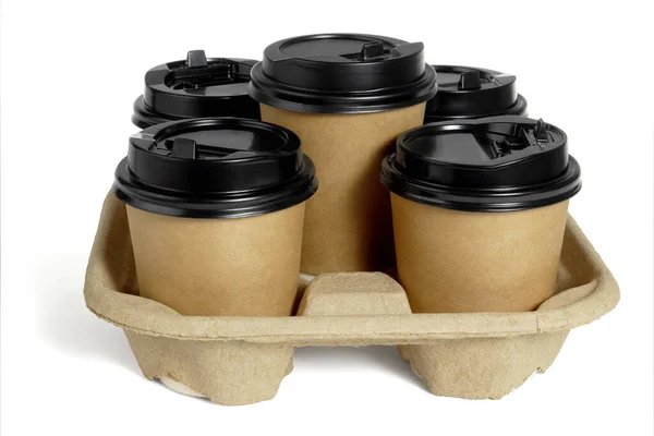 Paper Coffee Cups Takeaway Container Tray White Background — Stock Photo, Image