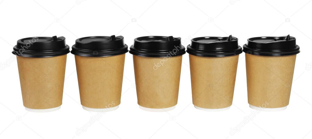Row of Paper Coffee Cups on White Background