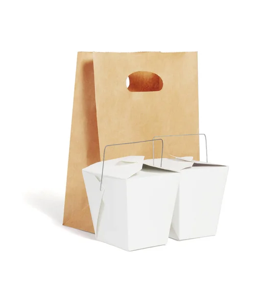 Afhaalmaaltijden Chinese Food Containers Brown Paper Bag Witte Achtergrond — Stockfoto