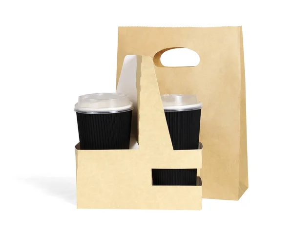 Tasses Papier Emporter Sac Sur Fond Blanc — Photo