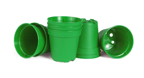 Мини Зеленые Пластиковые Цветочные Горшки Белом Фоне — стоковое фото
