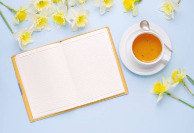 Boş defter fincan çay ve açık mavi renkli üzerinde sarı nergis açıldı. Üstten görünüm