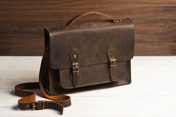 Bag Briefcase Businessman Men Leather Brown Bag Wooden Background Men — Stock Photo, Image