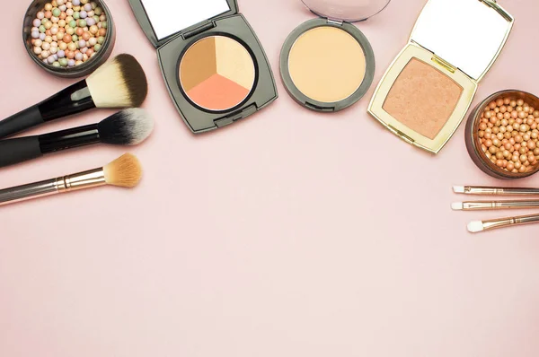 Set Colorful Cosmetics Powder Rouge Corrector Brushes Pink Background Makeup — Stock Photo, Image