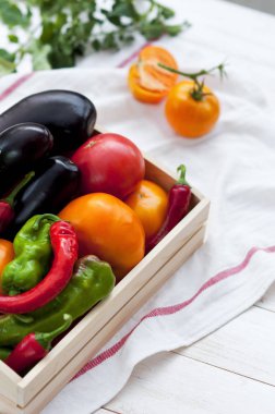 Taze sebze, domates, biber, patlıcan, biber biber açık havada mezarda. Sebze arka plan.