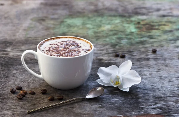 Cup Hot Coffee Orchid Flower Wooden Background Traditional Drink Cappuccino — Stock Photo, Image