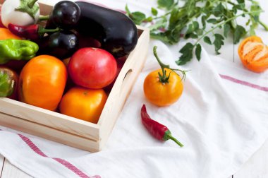 Taze sebze, domates, biber, patlıcan, biber biber açık havada mezarda. Sebze arka plan.