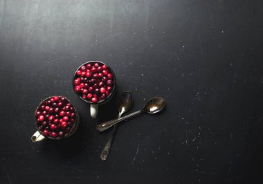 Beyaz bir bardak ve kaşık kopya alanı bir koyu siyah zemin üzerine kırmızı taze kızılcık. Berry, tatil Noel arka plan