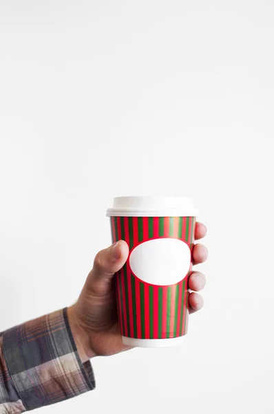 Hand Eines Mannes Karierten Hemd Mit Einer Tasse Kaffee Oder — Stockfoto