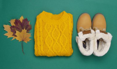 Kadın portakal örme kazak, çizme ve sonbahar yaprakları koyu yeşil renkli üstten görünüm düz yatıyordu. Moda Bayan giyim ayarla Trendy rahat örgü Jumper sonbahar aksesuarları bayan moda bakmak